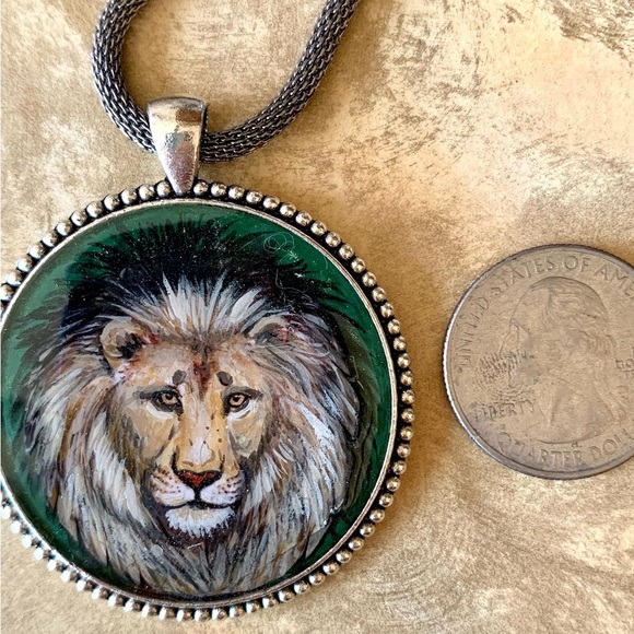 Beautiful Handpainted MUFASA LION face pendant large in 50mm round metal bezel. - Picture 2 of 6
